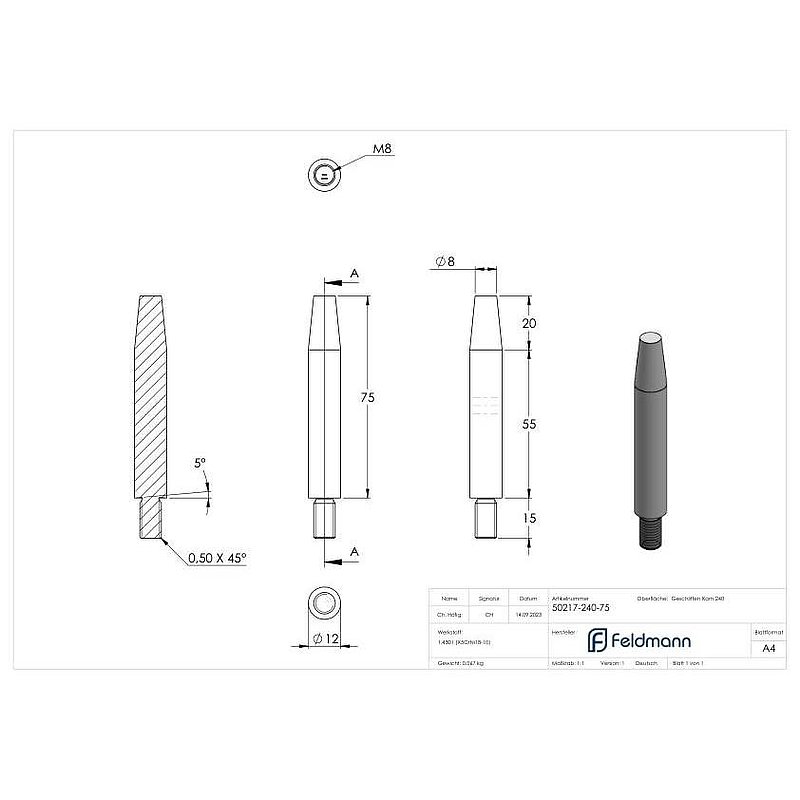 Pin Ø 12mm, L: 75mm, machined, AISI304