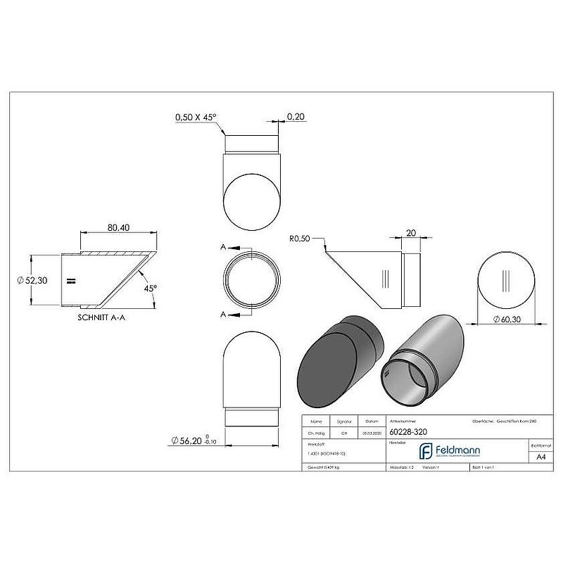 End bend 45°, for tube 60.3x2.0mm, AISI304