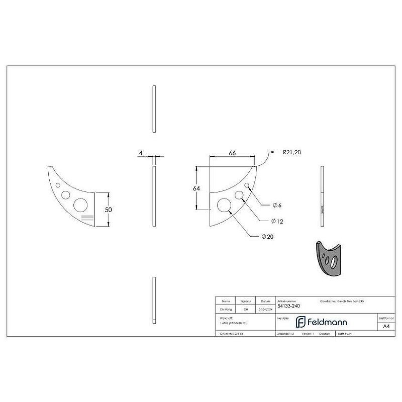 Handrail blade, 4mm thick, AISI304