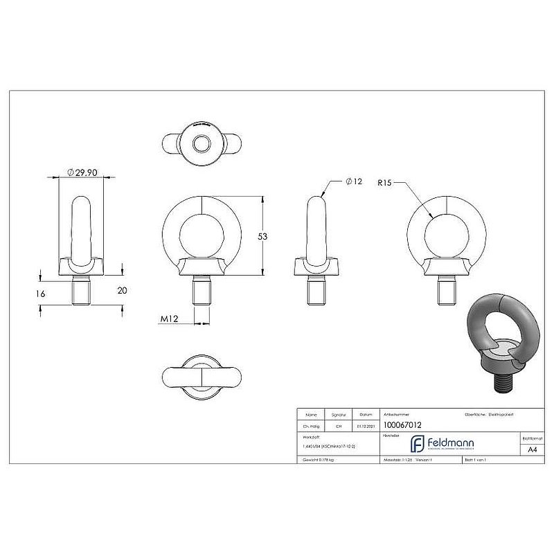 Ringschraube mit Außengewinde DIN 580, Rundeisen: 12mm, V4A