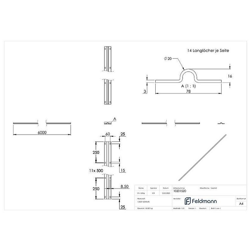 running rail for screwing on with Ø 20mm, extra wide, length 6m, galvanised