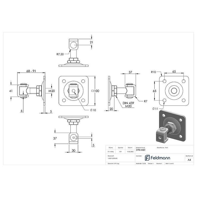 gate hinge M20 with adjustable plate, galvanised