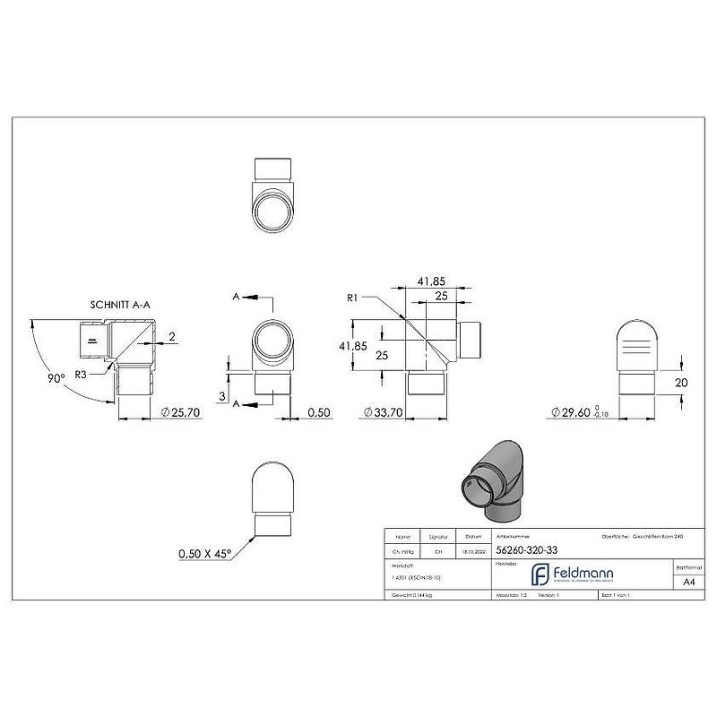 Tube coudé à 90°, court, pour tube 33,7 x 2,0 mm, V2A (1.4301)