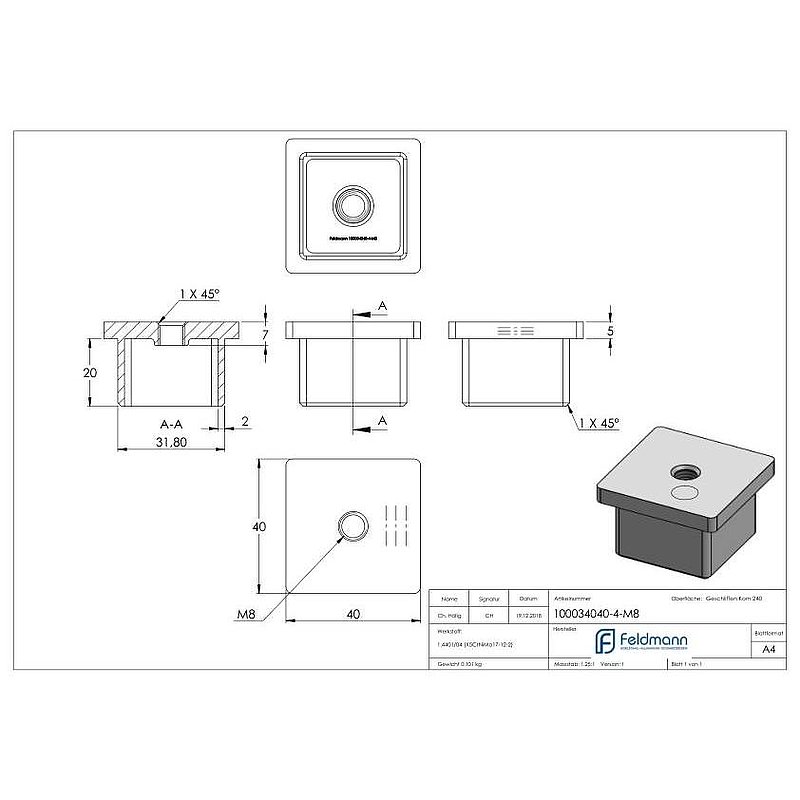Capuchon à enfoncer, pour tube 40x40x4,0mm, V4A