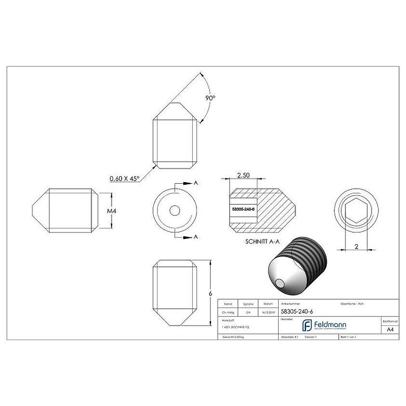 Grub screw M4x6, AISI304, DIN 914 / ISO 4027