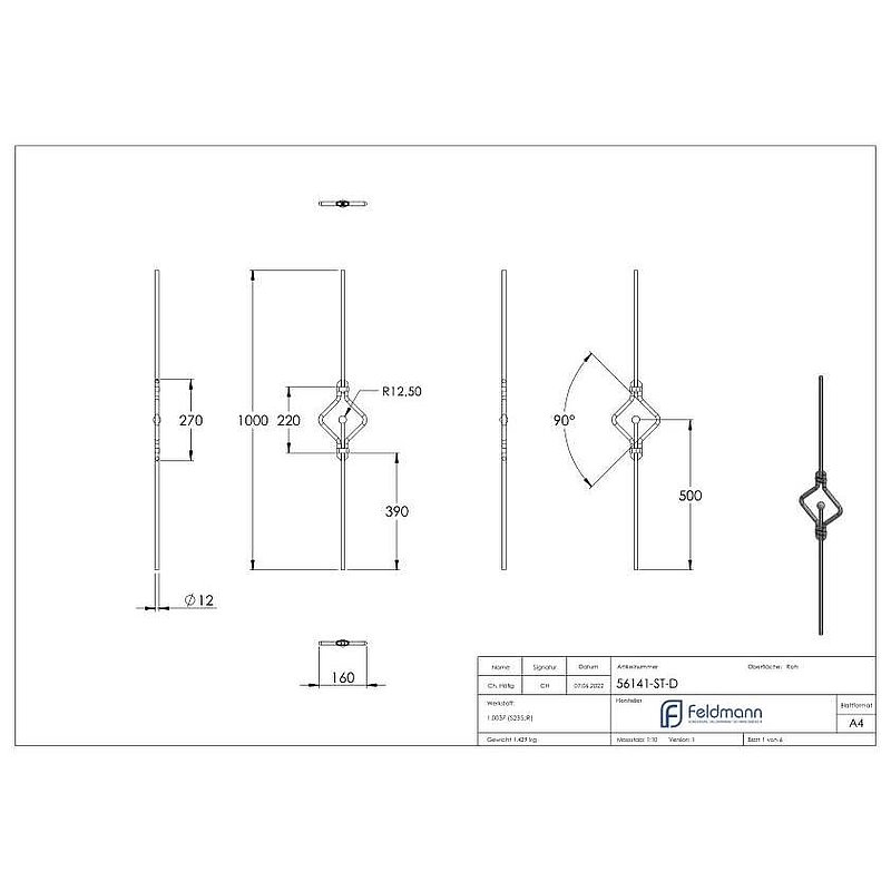 Designstab Ø 12mm, doppelt, H: 1000mm, S235