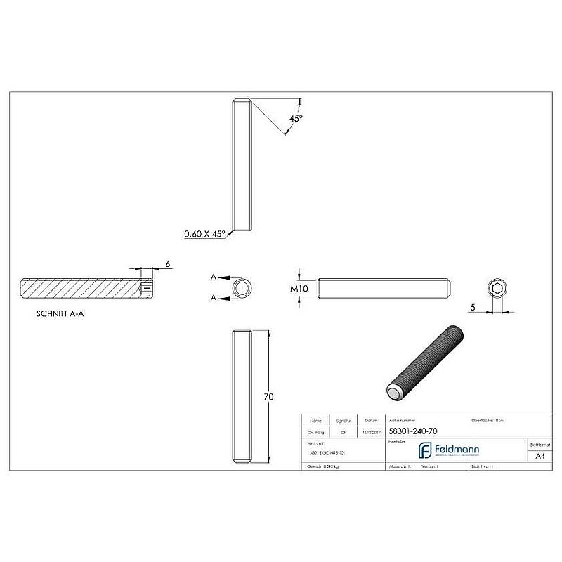 Gewindestift M10x70, V2A, DIN 913 / ISO 4026