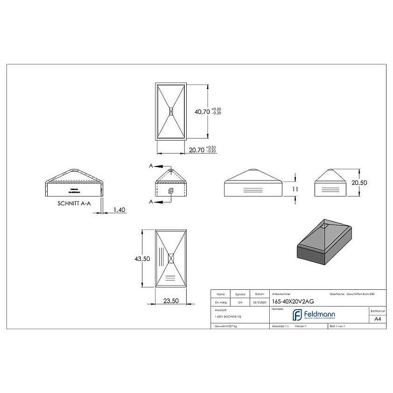 Chapeau pyramidal pour tube rectangulaire 40x20mm, poli, V2A
