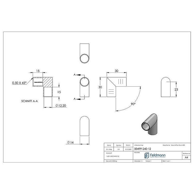 Round bar connector for Ø 12mm, 90°, AISI304