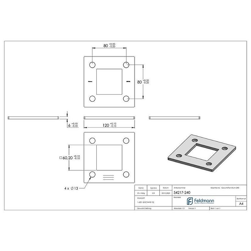 Plaque d'ancrage, 120x120x6mm, avec ponçage longitudinal, V2A