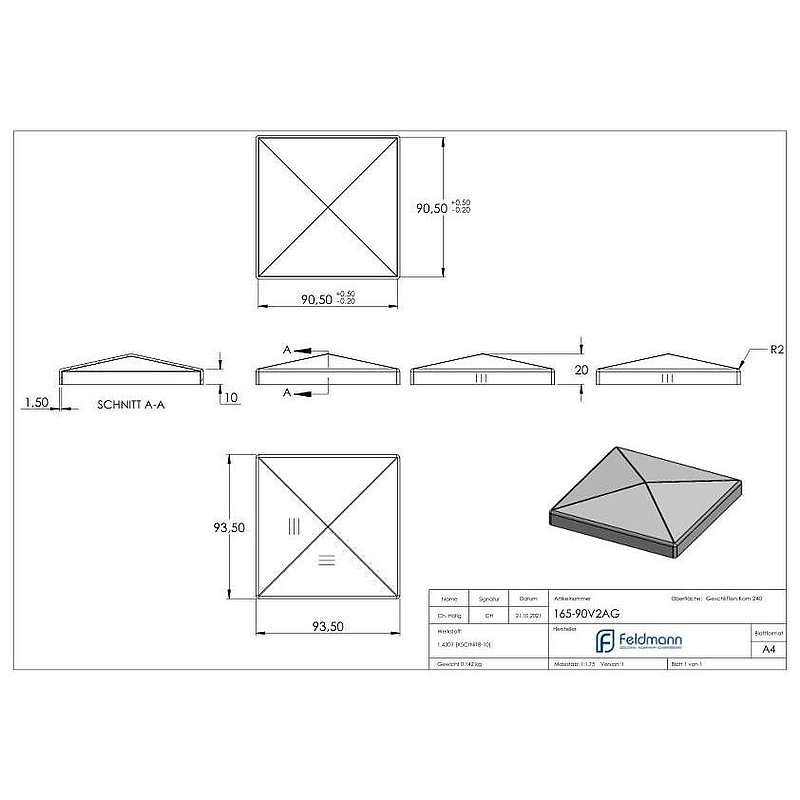 Chapeau pyramidal, pour tube carré 90x90mm, V2A