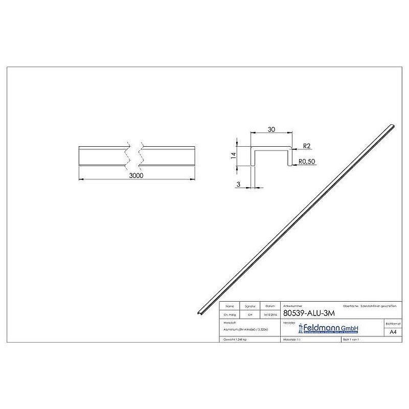 Aluminium-U-Profil, 30x14x3mm, L: 3000mm