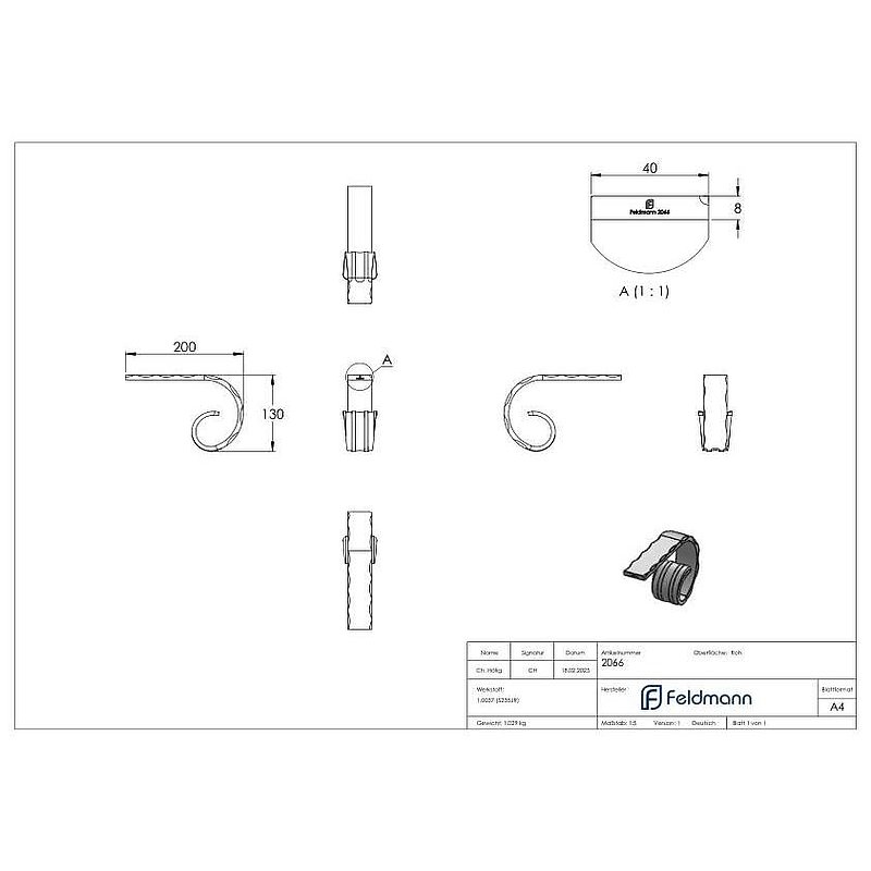 Handrail starter, 40x8mm, rolled