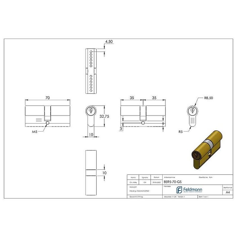 Profilzylinder, L: 70mm, gleichschließend