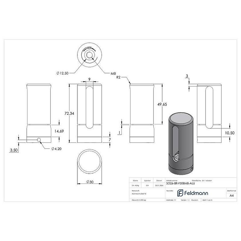 Brenk, support de base pour barreaux plats 50x8mm, ALU
