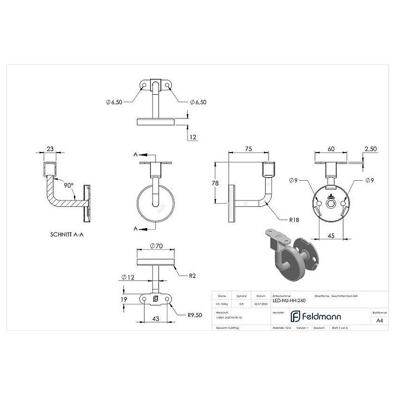 Handrail bracket for LED handrail (round plate and bracket welded), AISI304