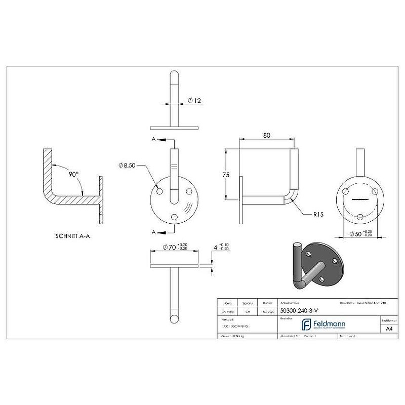 Handrail bracket for welding (round plate and bracket welded), AISI304