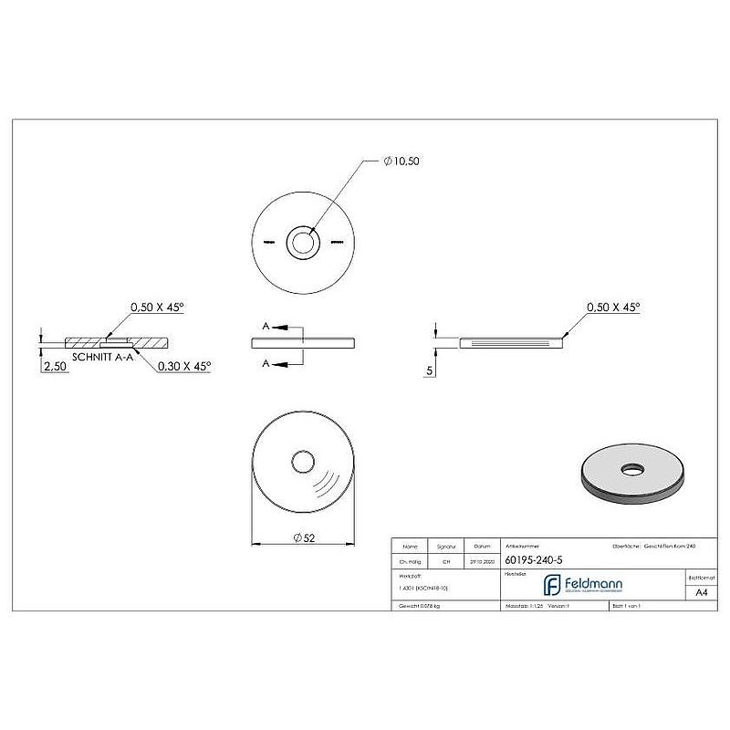 Entretoise Ø 52 mm, avec trou de passage, ép.: 5mm, V2A