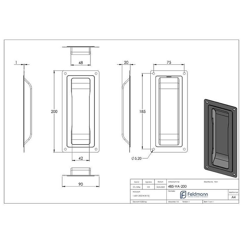 handle in stainless steel, height 200mm