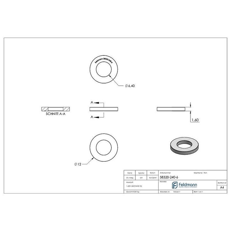 Washer for M6 screws, DIN 125-1, AISI304