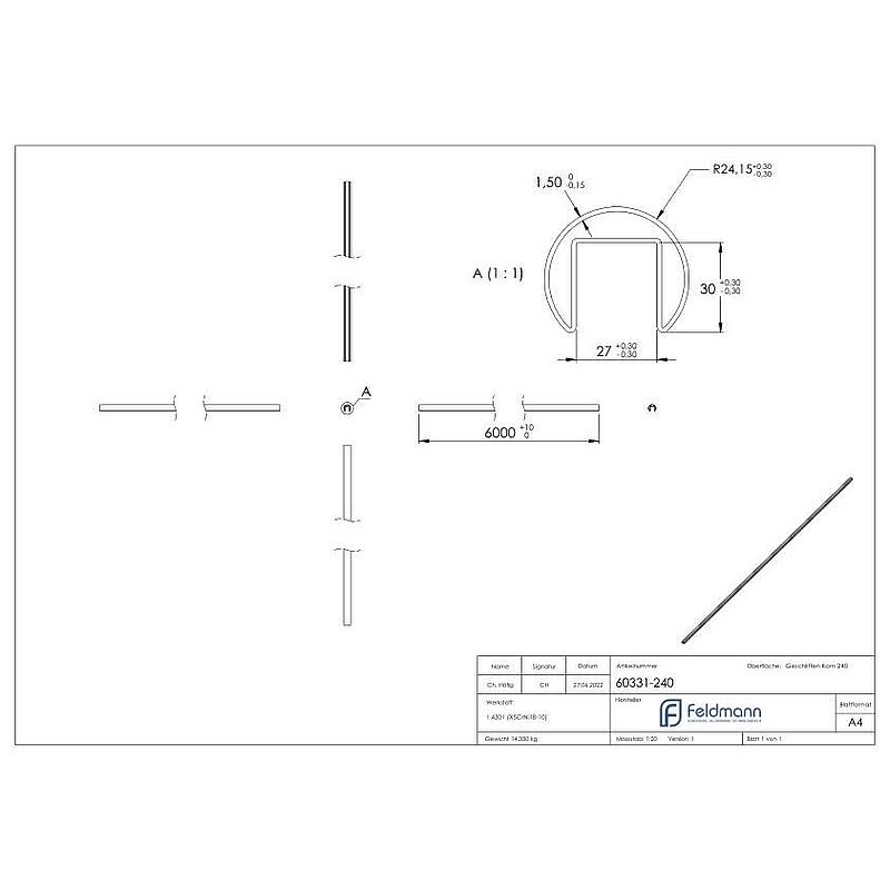 Grooved tube 48.3x1.5 mm, L: 3000 mm, AISI304
