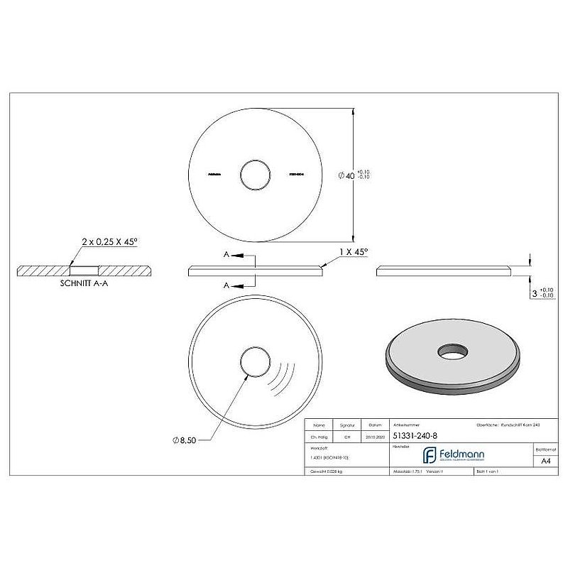 Beilagscheibe 40x3mm mit Fase, Bohrung 8,5mm, V2A