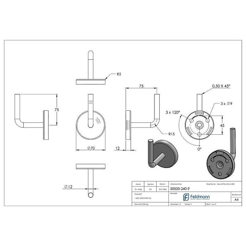 Handrail bracket for welding + cover rosette (round plate and bracket welded), AISI304