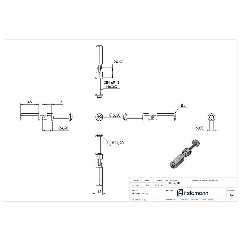 Gewindeterminal zur Selbstmontage, Seil 4mm, V2A