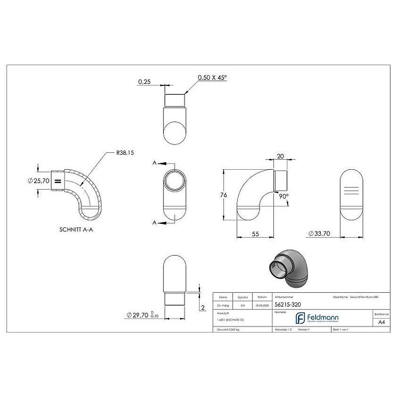 End bend 90° semicircular, for tube 33.7x2.0mm, AISI304