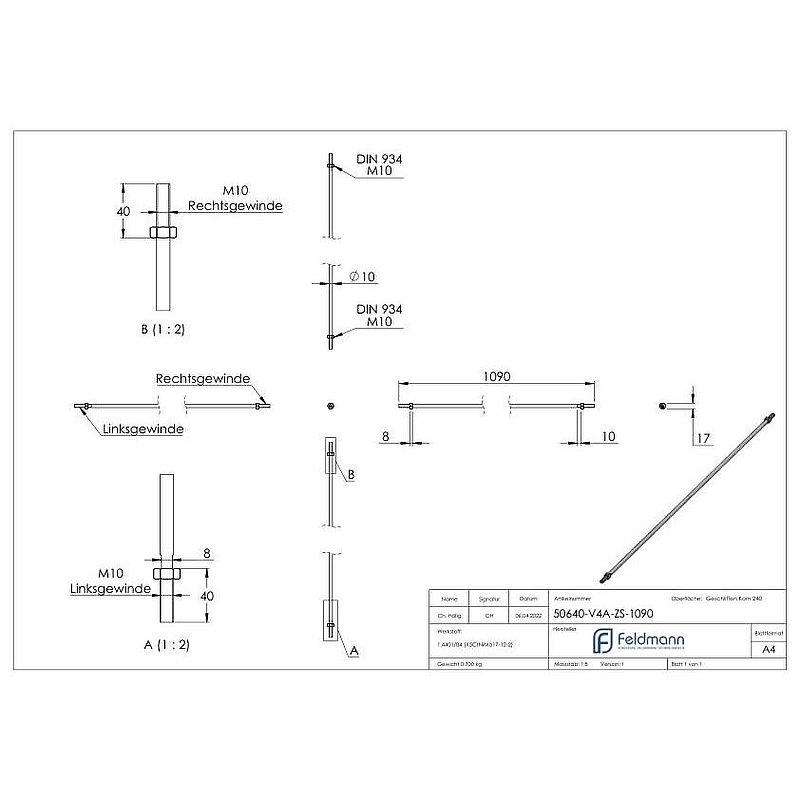 Barre de tension pour auvent en verre suspendu avec L: 1090mm, V4A
