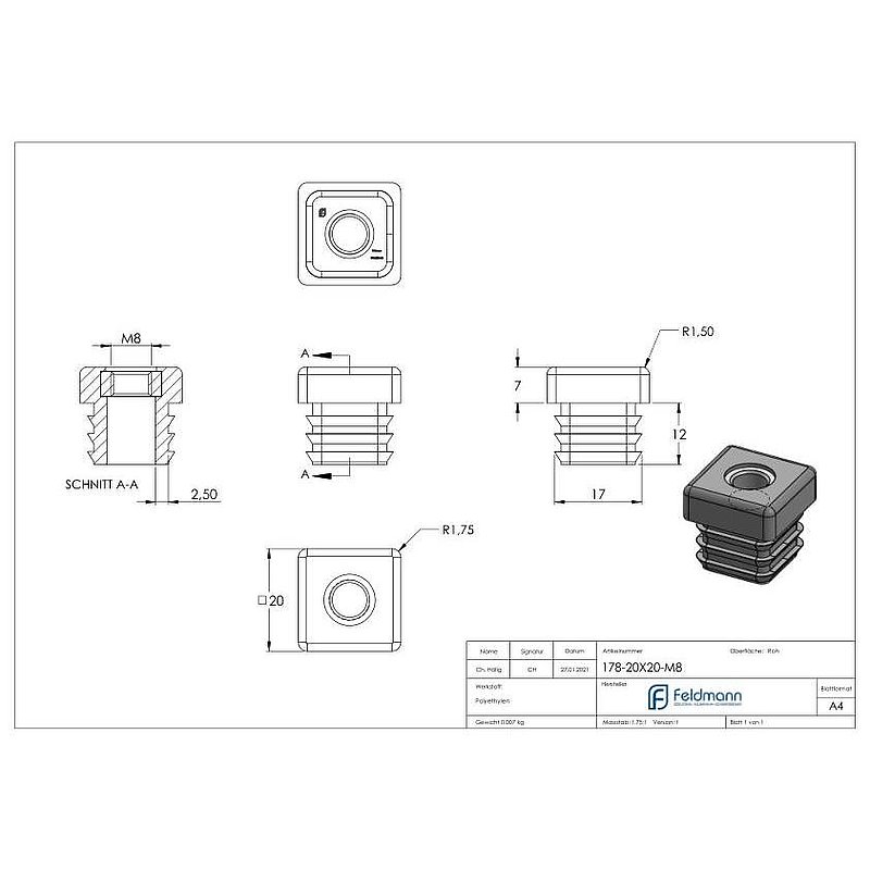 Bouchon plastique pour tube carré 20x20mm avec M8