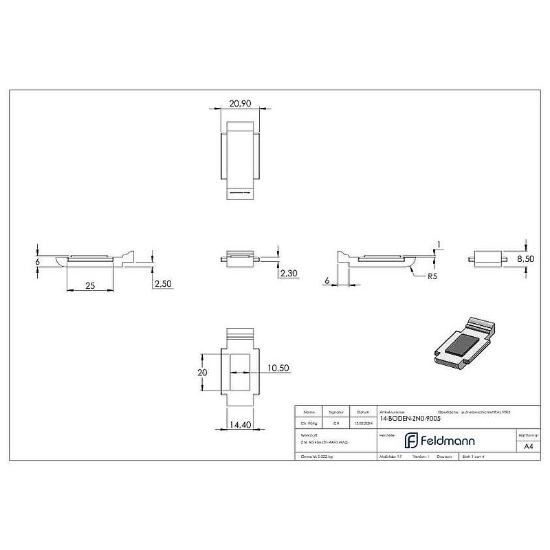 Plaque de fixation pour le modèle 14, en zinc brut thermolaqué en RAL 9005 mat