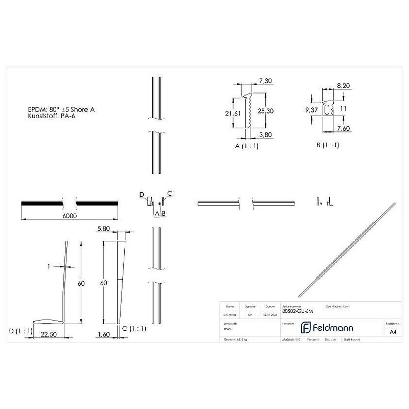 Montageset für 6m Aluprofil für Glas 20,76-21,52mm