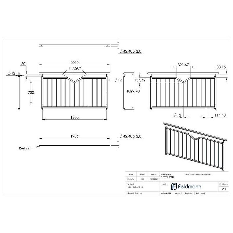 French balcony grille, with V-cutout, W: 1.8m, AISI304