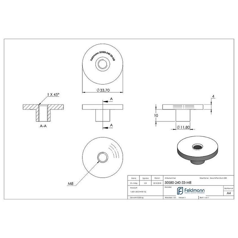 Platte, Ø 33,7mm, zum Aufschweißen, V2A