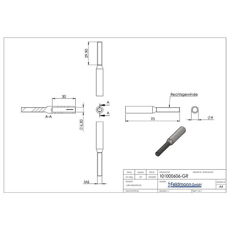 Threaded terminal for rope 6mm, AISI304