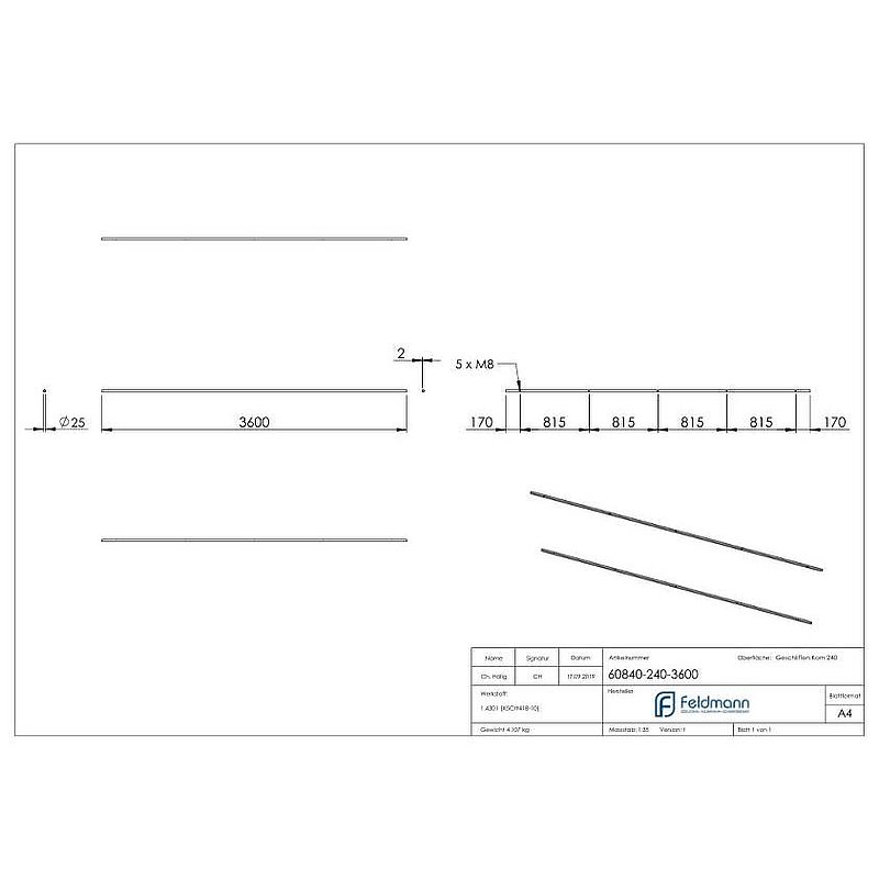 Rail for sliding glass doors, L: 3600mm, AISI304