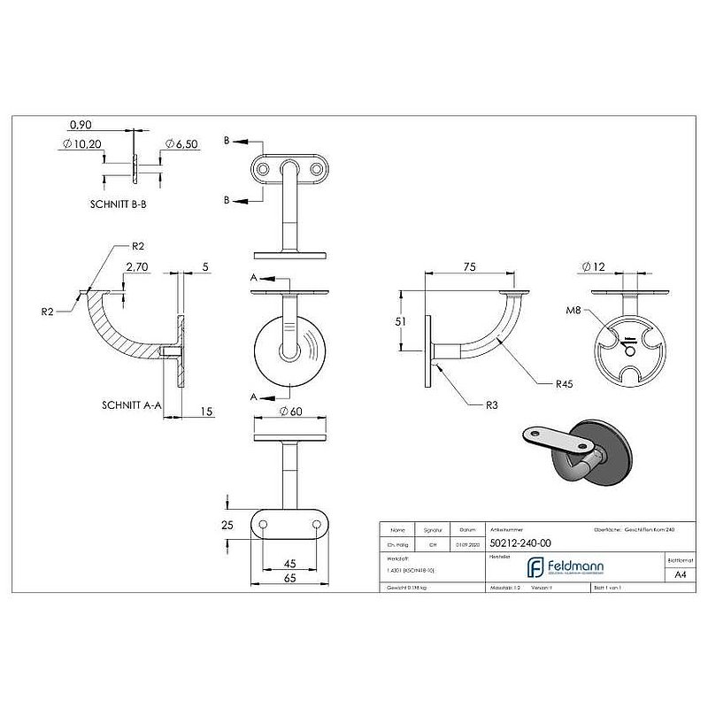 Handrail bracket with flat handrail connection plate (round plate and bracket welded), AISI304