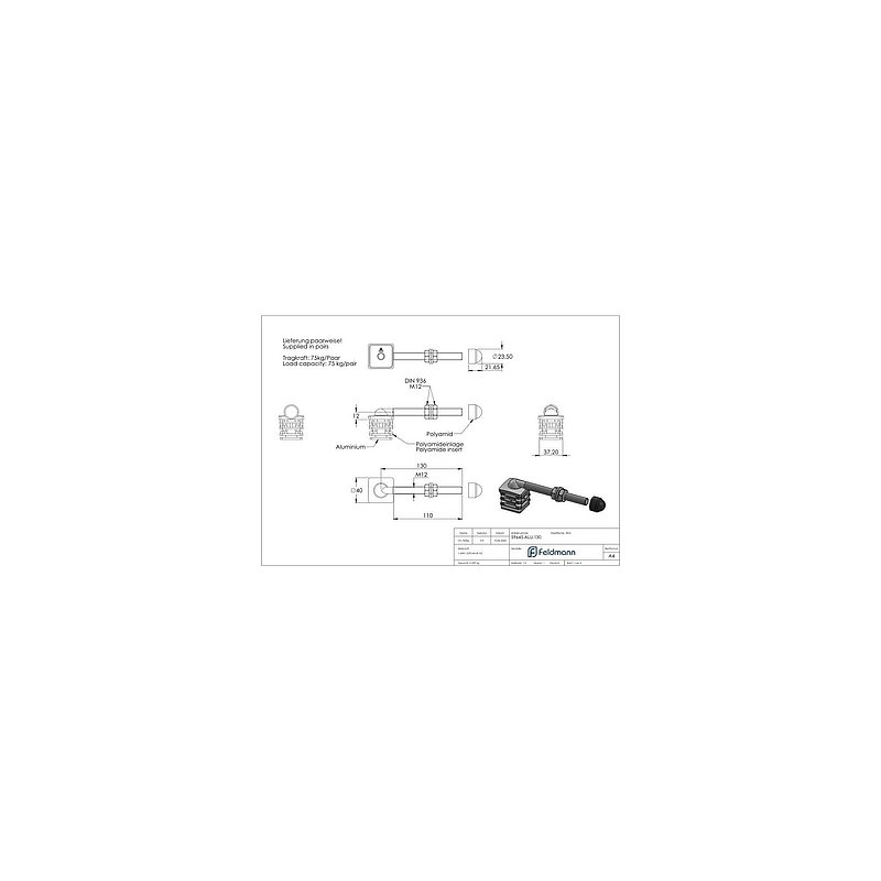 gate hinge set M12 with length 130mm for tube 40 x 40 x 2,0mm with aluminium caps