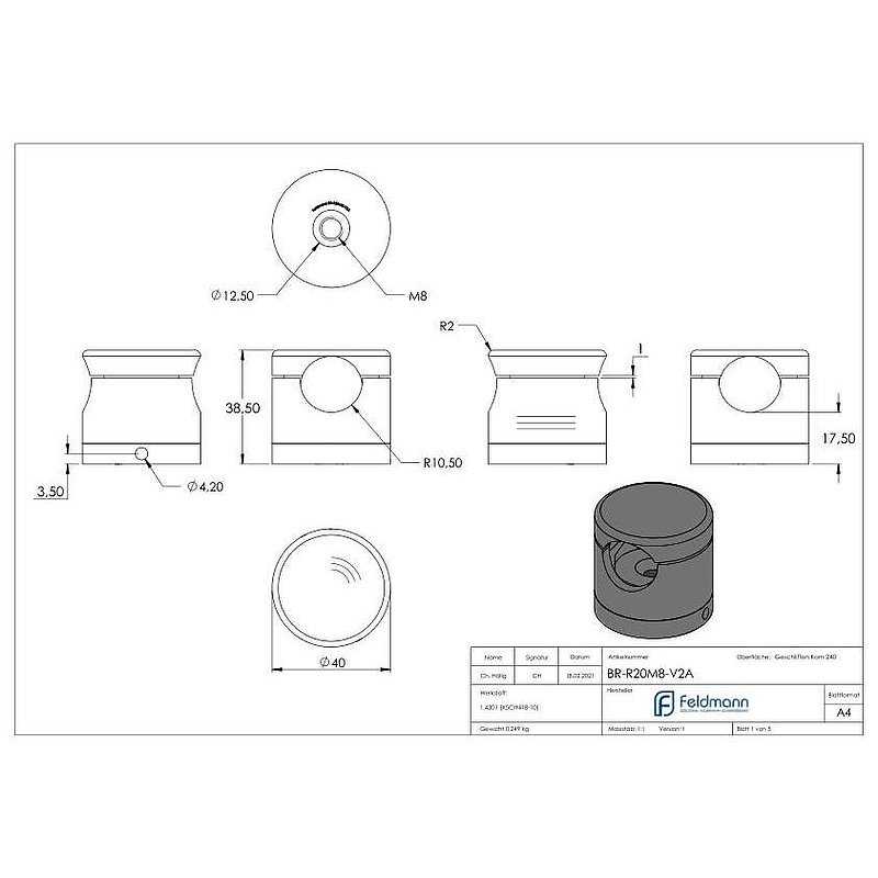 Brenk, support de base pour barreaux Ø 20mm, V2A