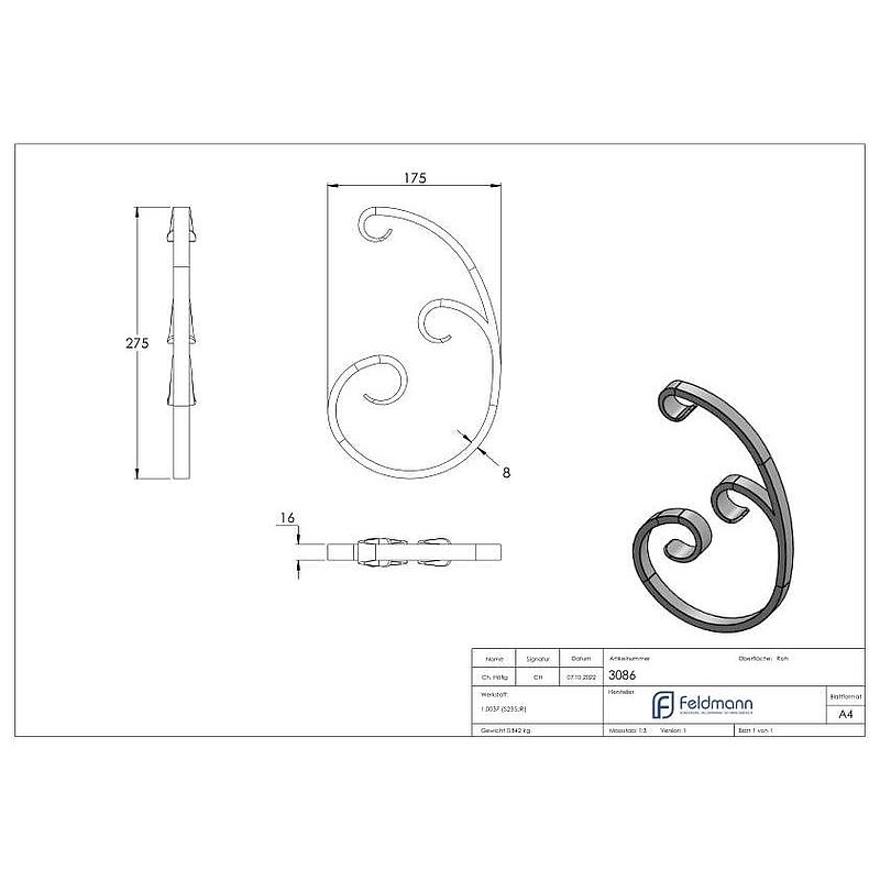 Volute en forme de C 16x8mm, 275x180mm, d'un côté