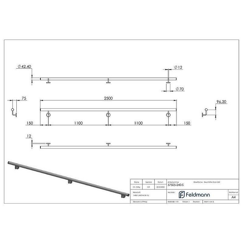 Handlauf, montagefertig, L: 2500mm, V2A