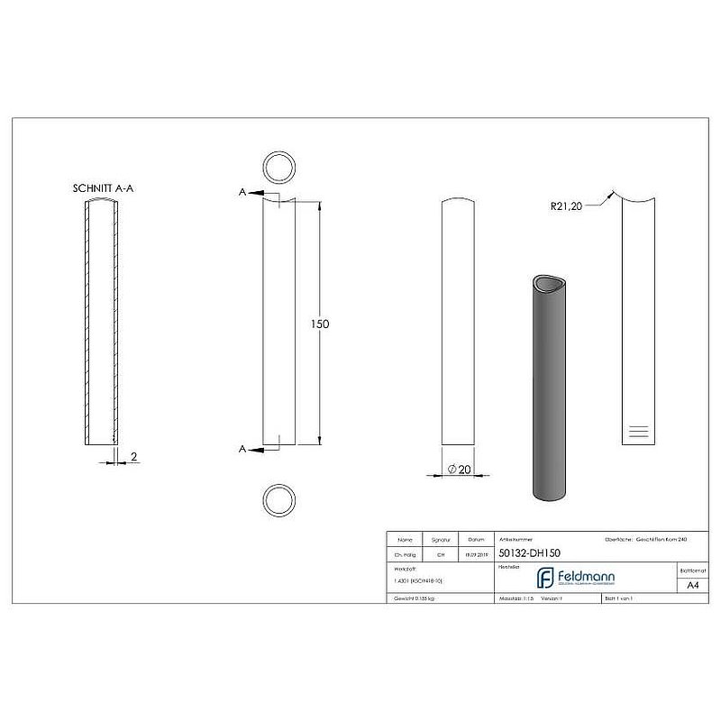 Distanzhülse, L: 150mm, für 42,4mm, V2A