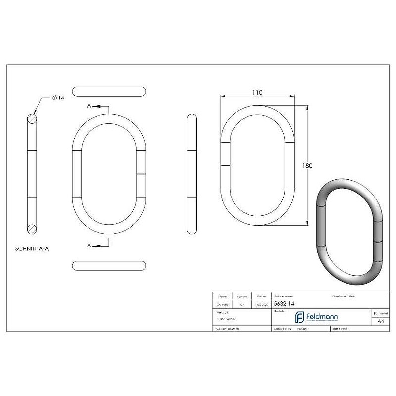 Anneau Ø14mm, oval, 180x110mm