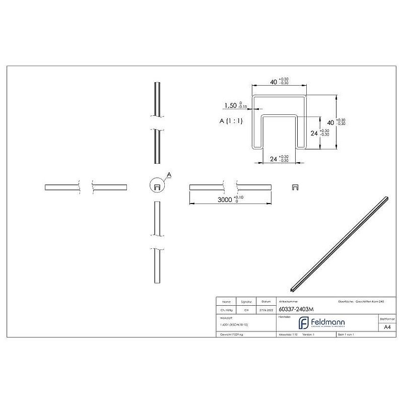 Square grooved tube, 40x40x1.5 mm, L: 3000mm, AISI304