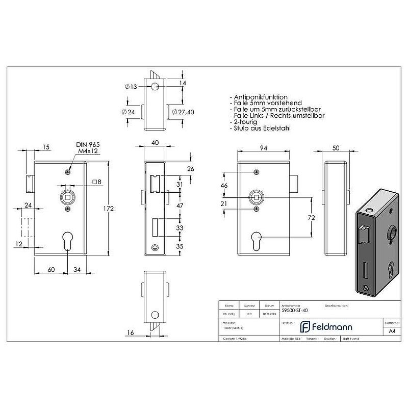Anti-panic lock with lock case 40 x 94 x 172mm, with change function E, DIN R & L