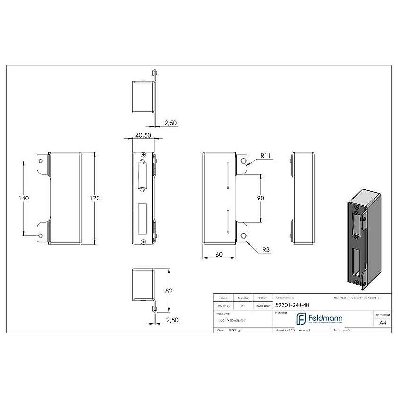 Edelstahlgegenkasten eckig, für Abstand 72mm, zum Anschweißen, 40mm, V2A