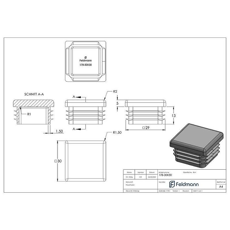 Plastic end cap for square tube 30x30mm