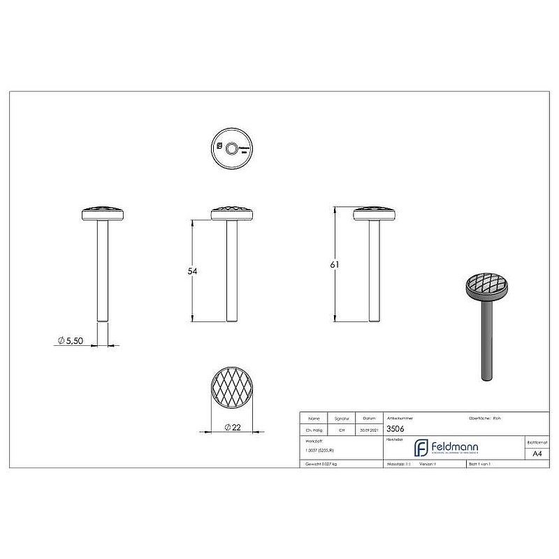 Ball head bolt, disc 22mm