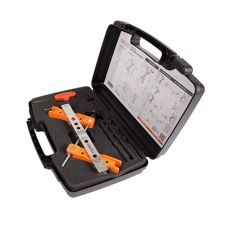 Coffre à outils avec gabarit de perçage pour serrures et butées - DRILLFIX